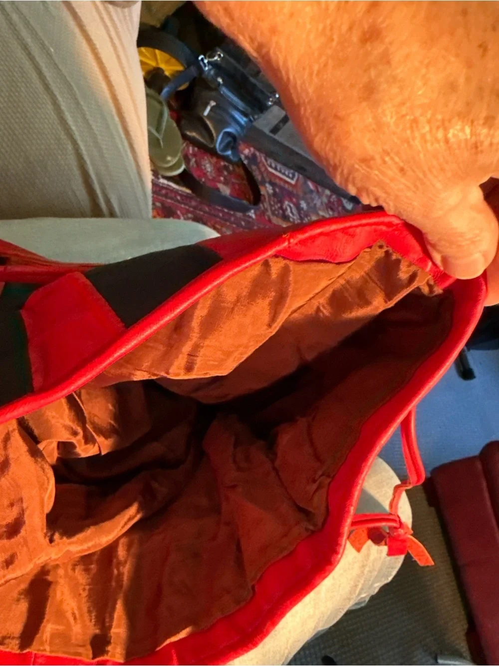 Vintage Red Black Leather Patchwork Fringe Drawstring Hobo Bag